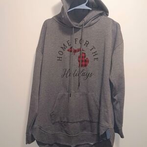Gray Holiday Hoodie with Red Plaid Design